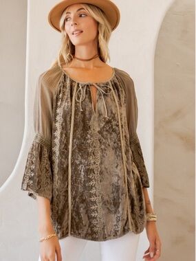 Boho Velvet Tie-Neck Peasant Top